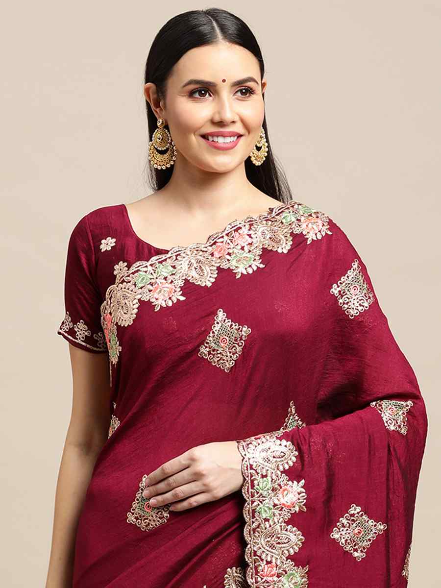 Maroon Rangoli Silk Embroidered Festival Wedding Heavy Border Saree