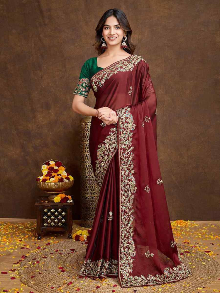 Maroon Rangoli Silk Embroidered Festival Wedding Heavy Border Saree