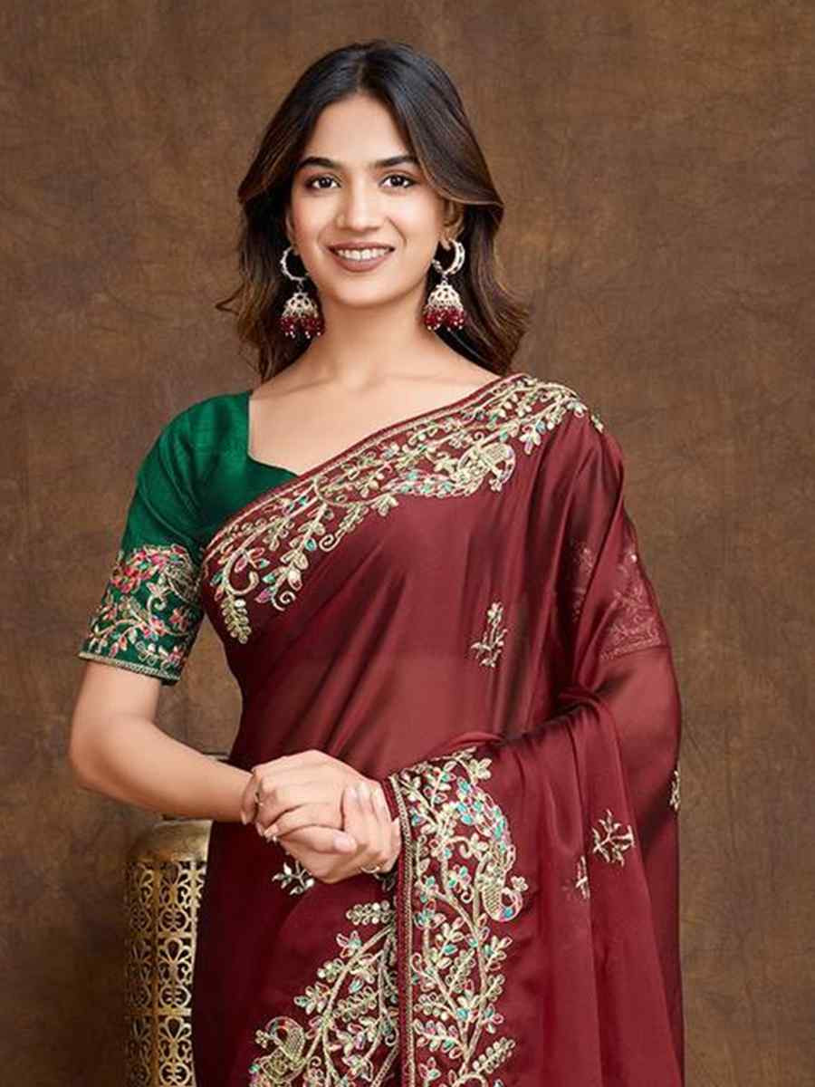 Maroon Rangoli Silk Embroidered Festival Wedding Heavy Border Saree