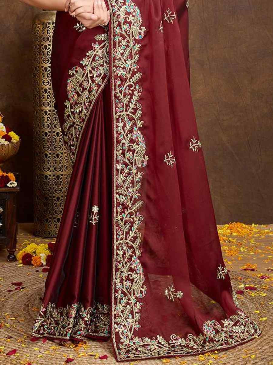 Maroon Rangoli Silk Embroidered Festival Wedding Heavy Border Saree