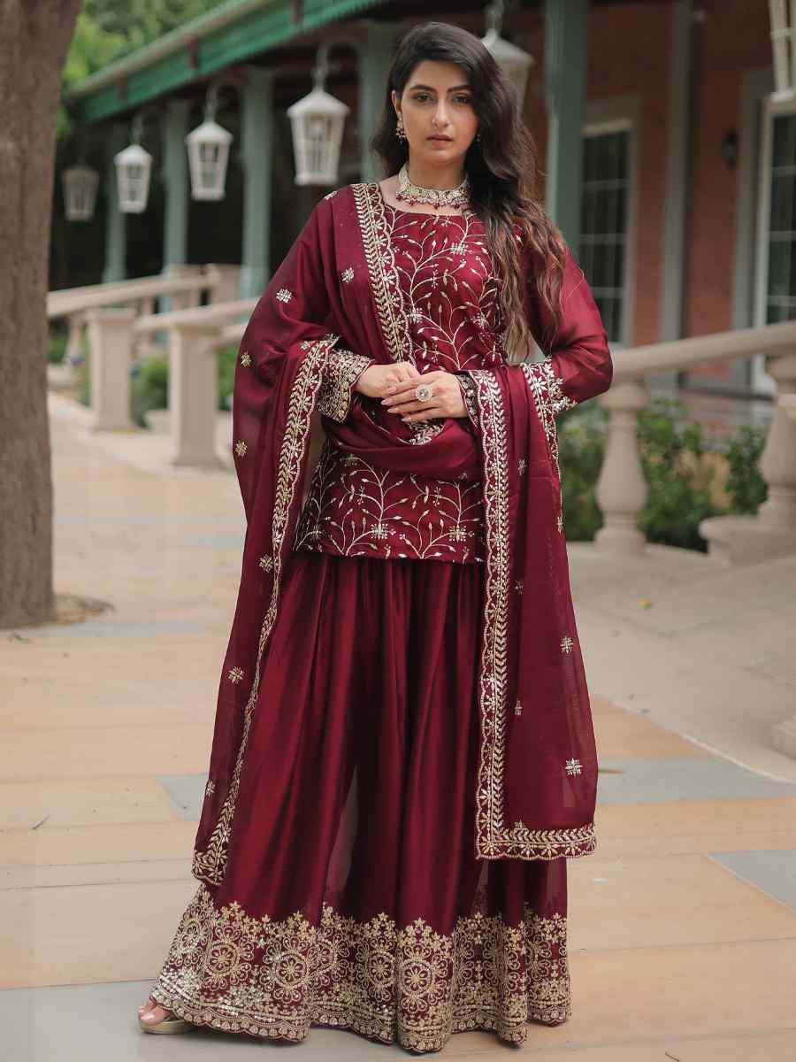 Maroon Rangoli Silk Embroidered Festival Wedding Sharara Pant Salwar Kameez