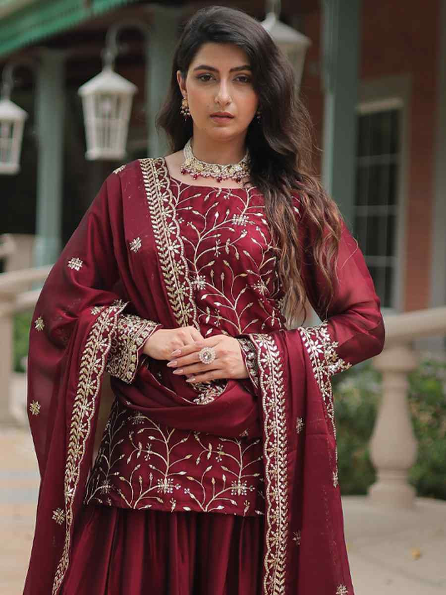 Maroon Rangoli Silk Embroidered Festival Wedding Sharara Pant Salwar Kameez