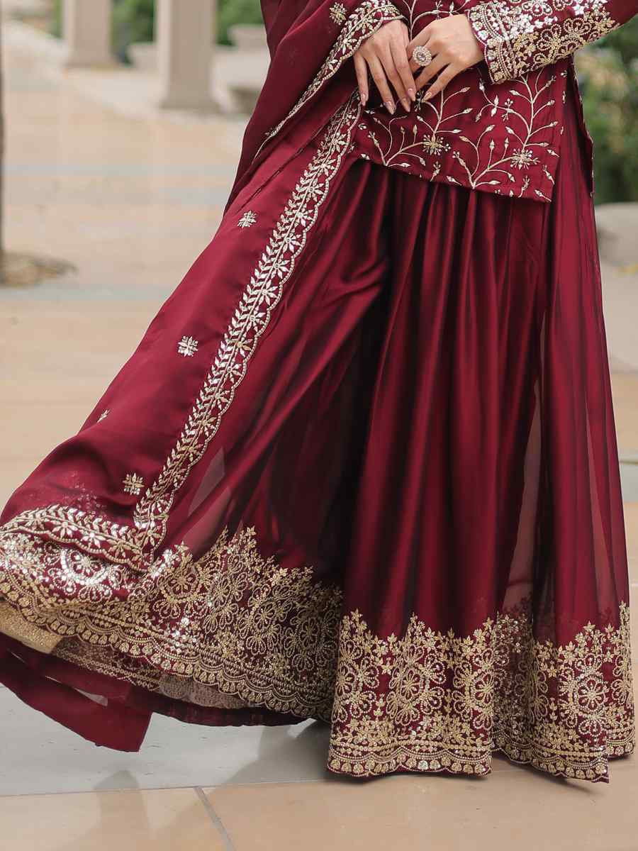 Maroon Rangoli Silk Embroidered Festival Wedding Sharara Pant Salwar Kameez