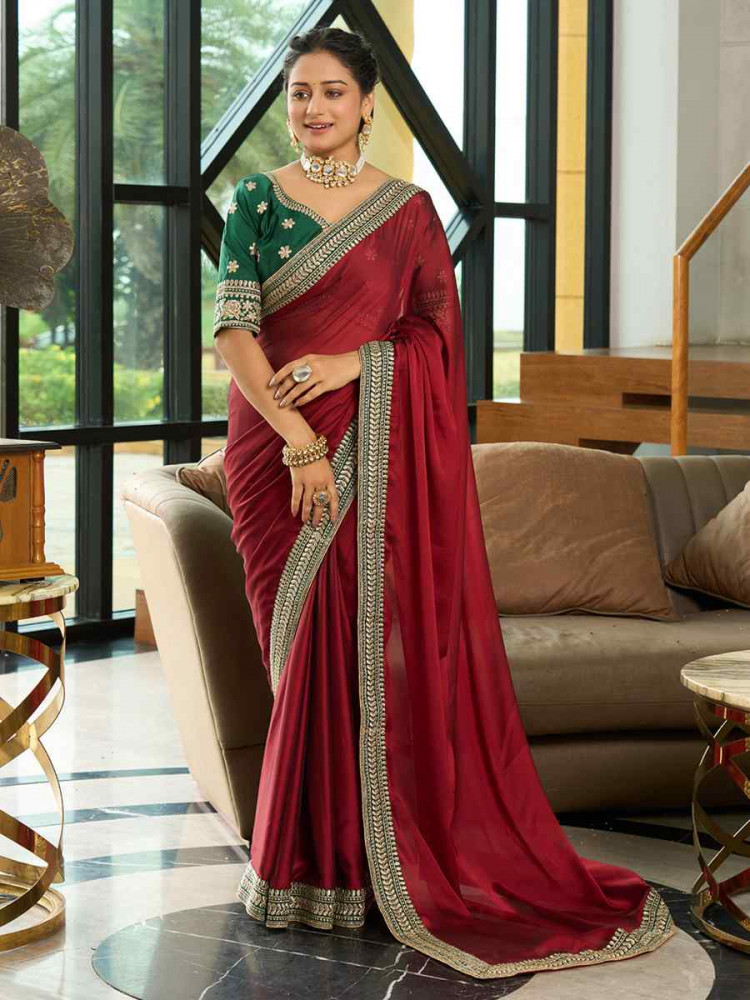 Maroon Rangoli Silk Embroidered Reception Party Heavy Border Saree