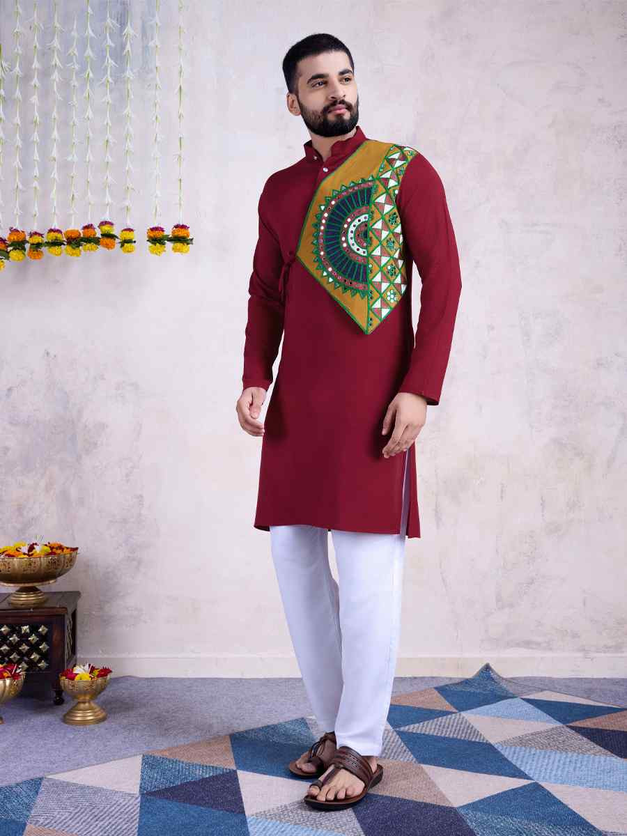 Maroon Rayon Embroidered Festival Casual Kurta