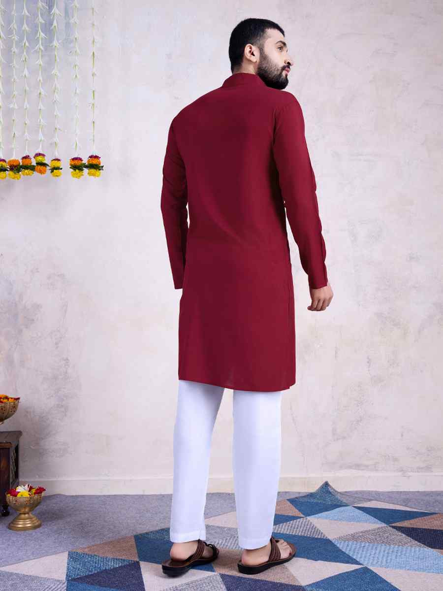 Maroon Rayon Embroidered Festival Casual Kurta