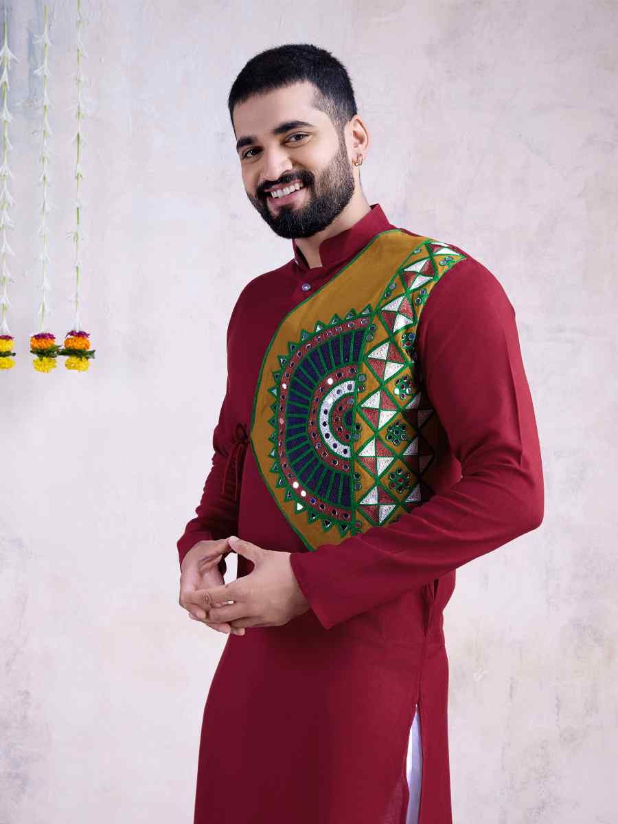 Maroon Rayon Embroidered Festival Casual Kurta