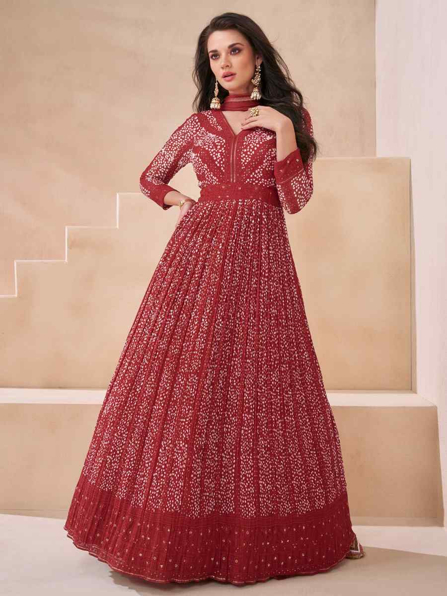 Maroon Real Georgette Embroidered Festival Casual Gown