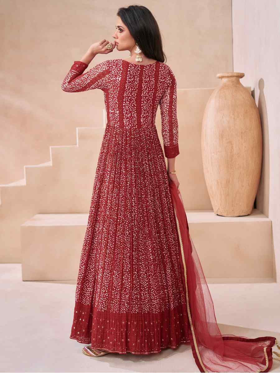 Maroon Real Georgette Embroidered Festival Casual Gown