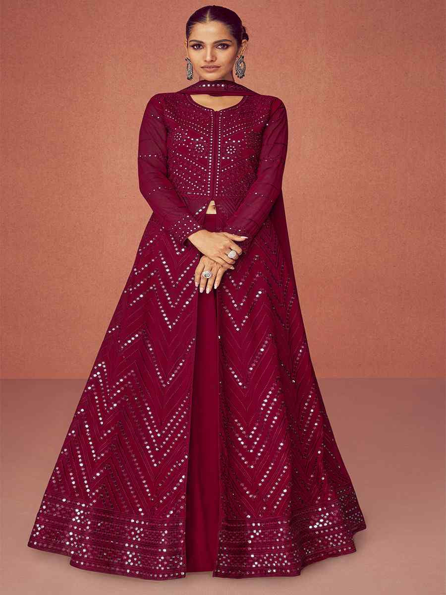 Maroon Real Georgette Embroidered Festival Wedding Anarkali Salwar Kameez