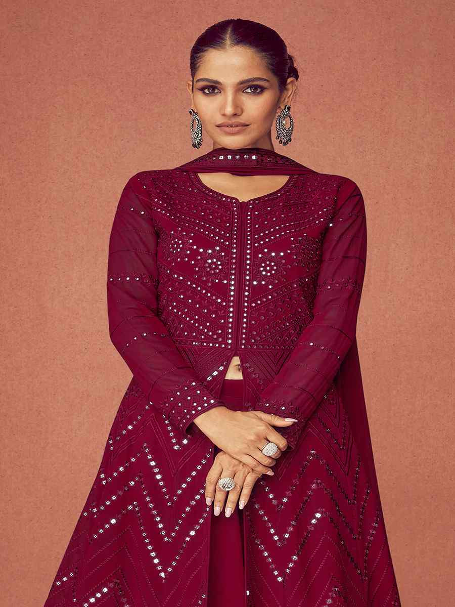 Maroon Real Georgette Embroidered Festival Wedding Anarkali Salwar Kameez