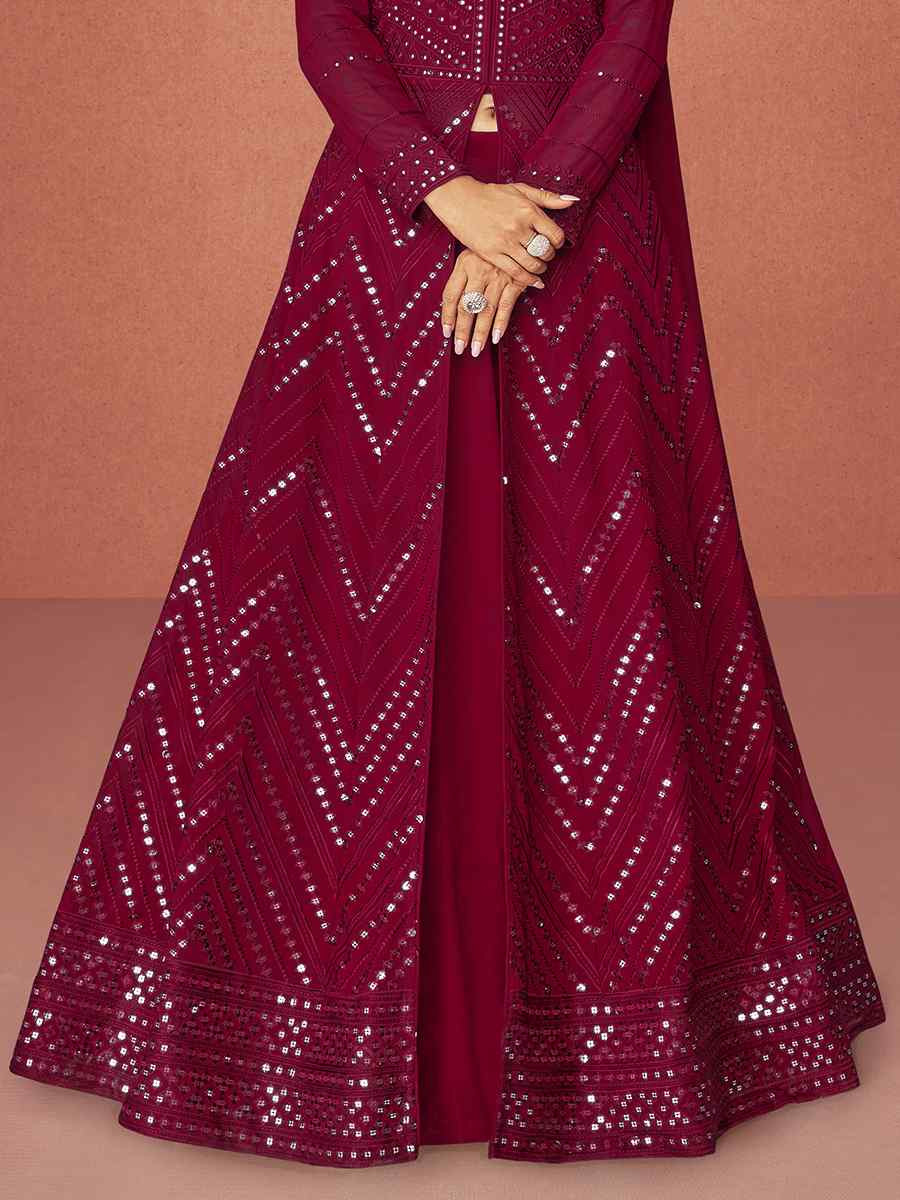 Maroon Real Georgette Embroidered Festival Wedding Anarkali Salwar Kameez