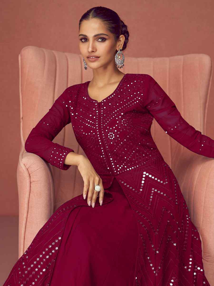 Maroon Real Georgette Embroidered Festival Wedding Anarkali Salwar Kameez