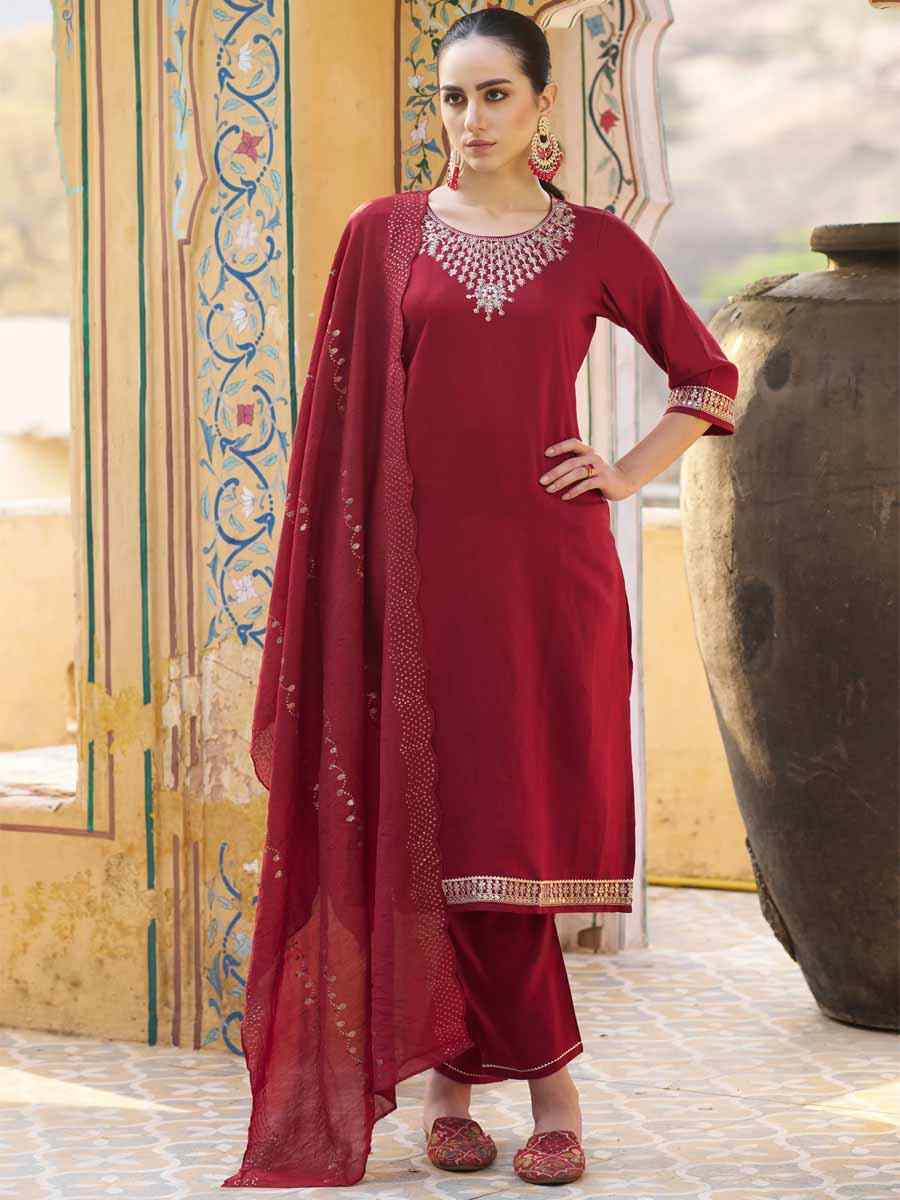 Maroon Silk Blend Embroidered Festival Mehendi Ready Pant Salwar Kameez