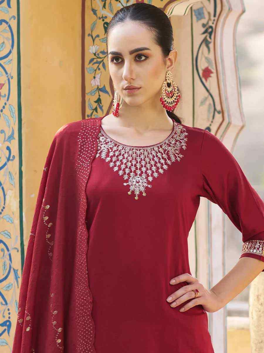 Maroon Silk Blend Embroidered Festival Mehendi Ready Pant Salwar Kameez