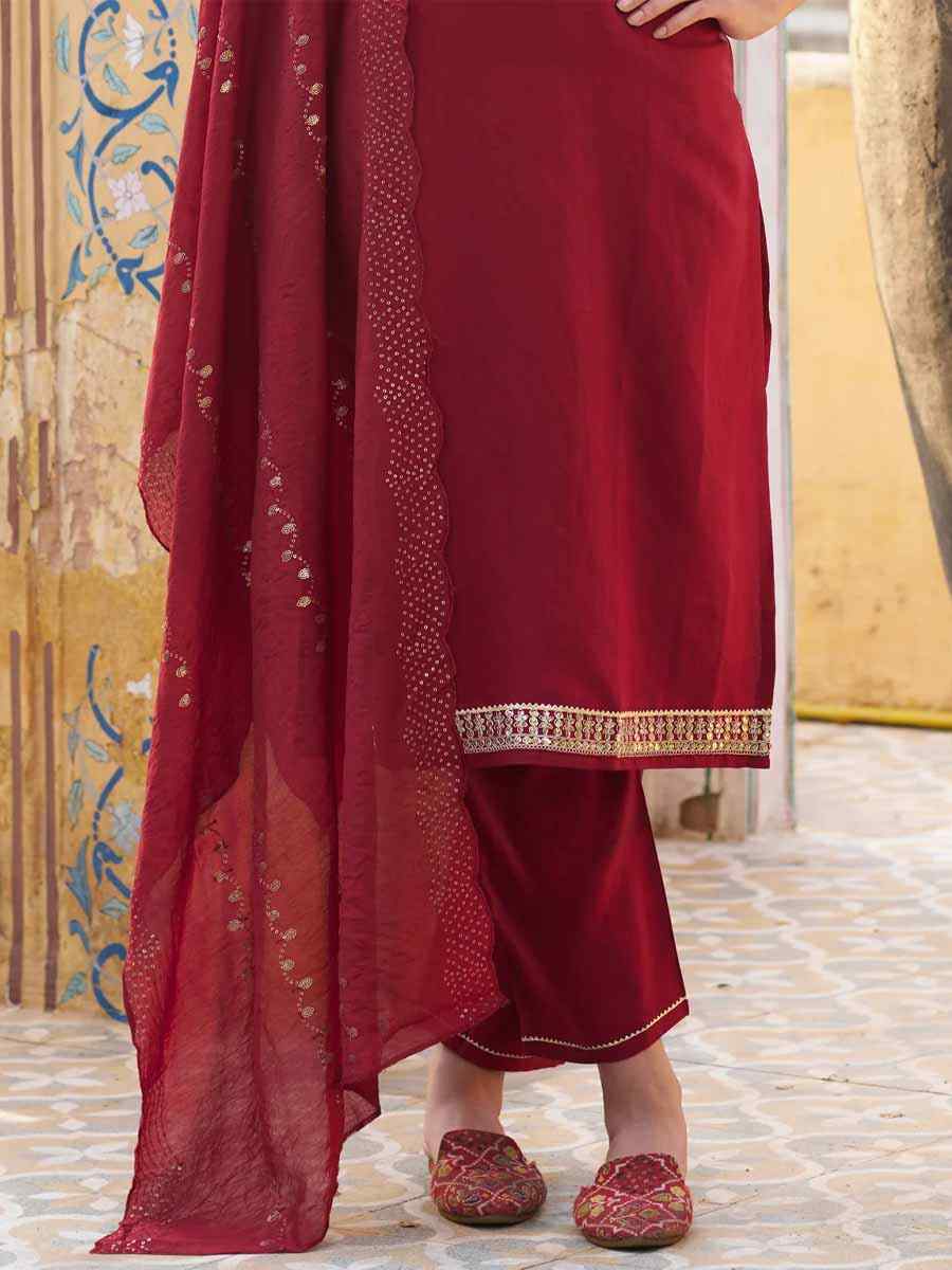 Maroon Silk Blend Embroidered Festival Mehendi Ready Pant Salwar Kameez