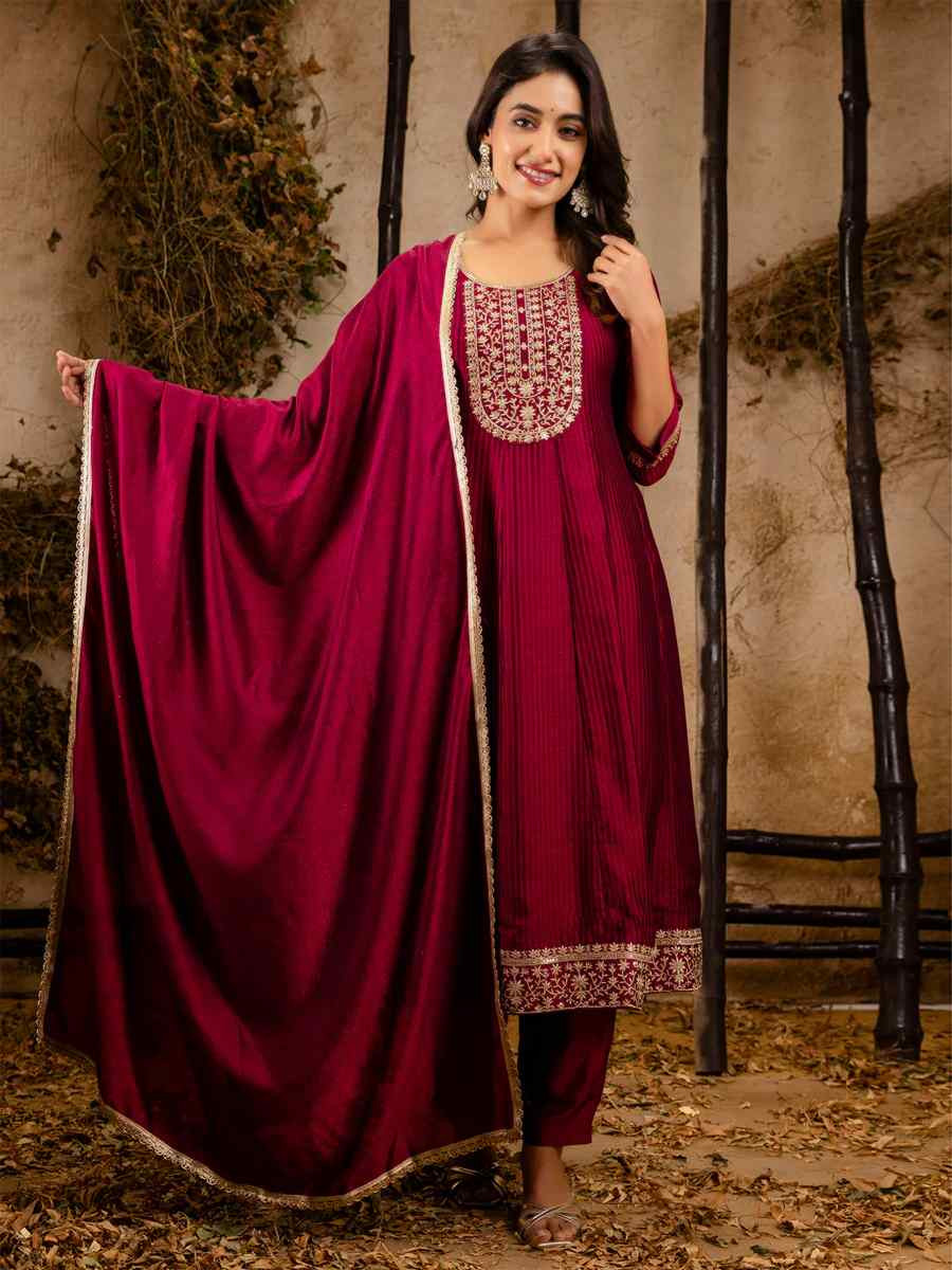 Maroon Silk Blend Embroidered Party Casual Ready Anarkali Salwar Kameez