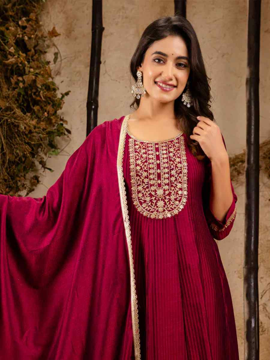 Maroon Silk Blend Embroidered Party Casual Ready Anarkali Salwar Kameez