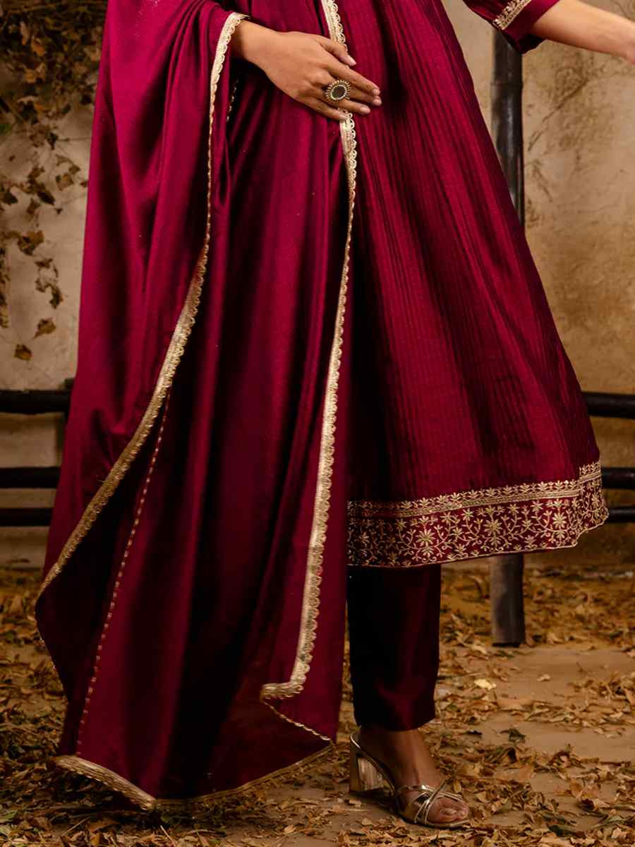 Maroon Silk Blend Embroidered Party Casual Ready Anarkali Salwar Kameez