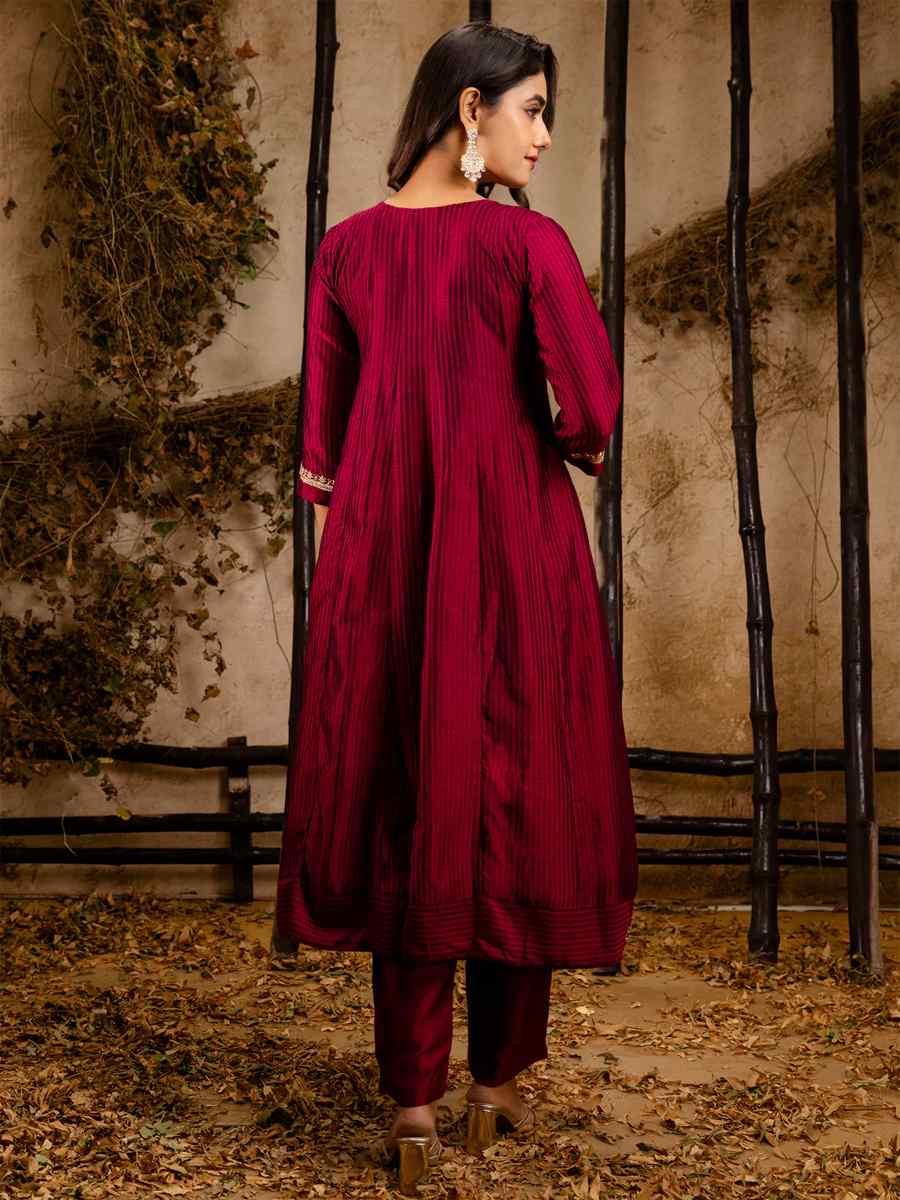 Maroon Silk Blend Embroidered Party Casual Ready Anarkali Salwar Kameez