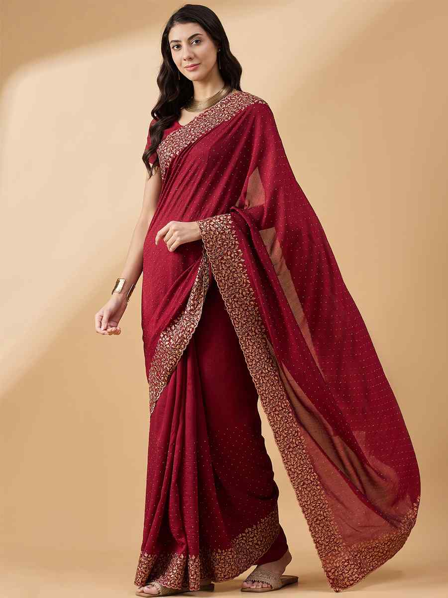 Maroon Silk Blend Handwoven Wedding Festival Heavy Border Saree