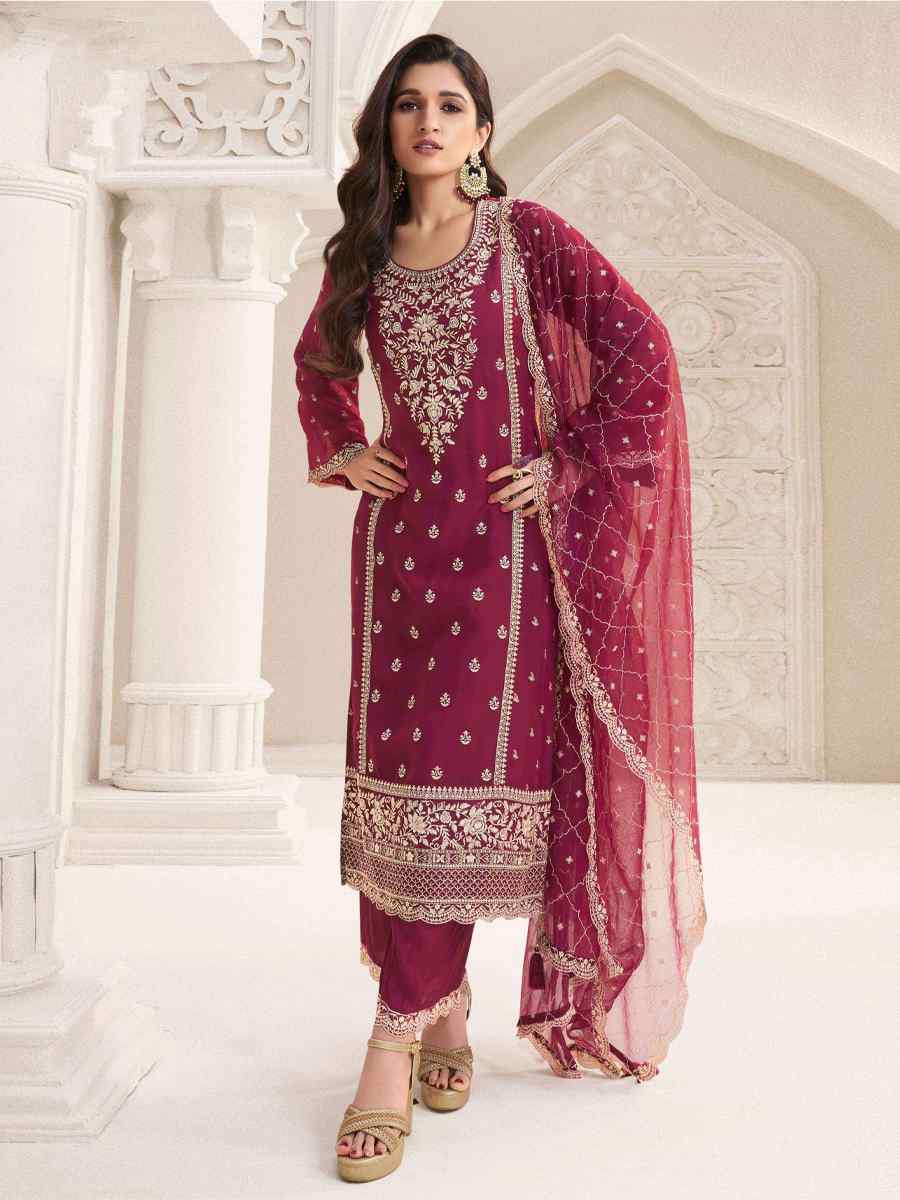 Maroon Silk Chiffon Embroidered Festival Wedding Pant Salwar Kameez