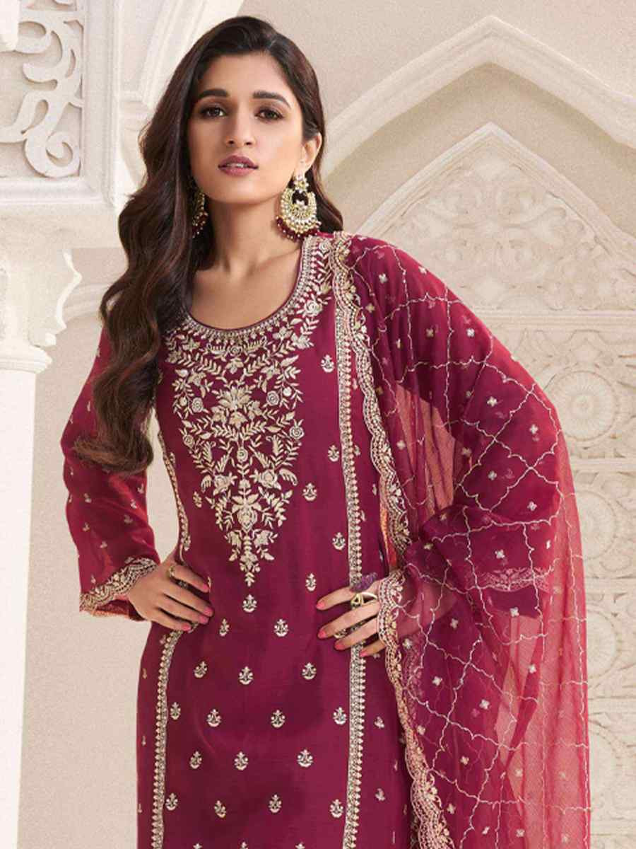 Maroon Silk Chiffon Embroidered Festival Wedding Pant Salwar Kameez