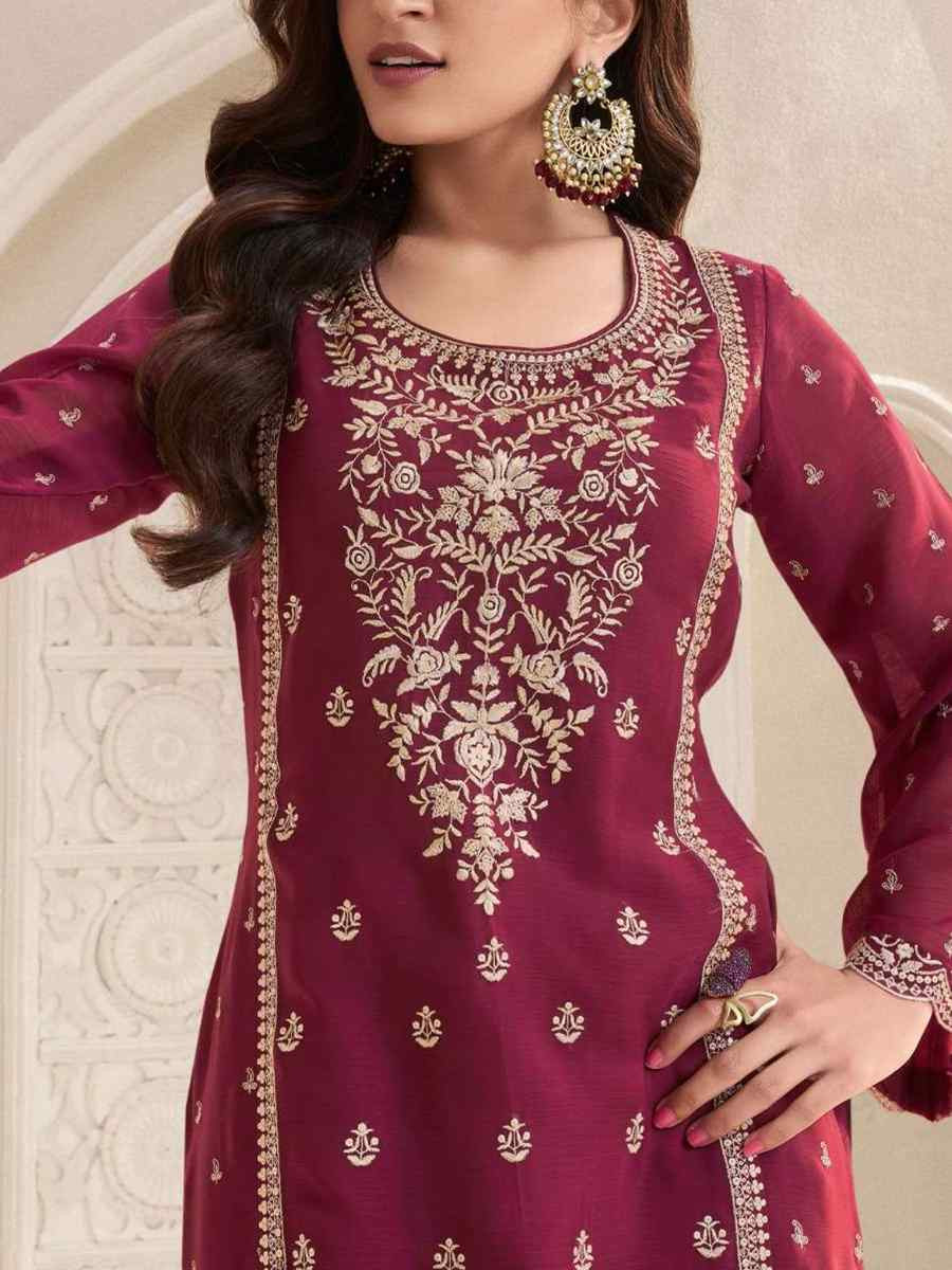 Maroon Silk Chiffon Embroidered Festival Wedding Pant Salwar Kameez