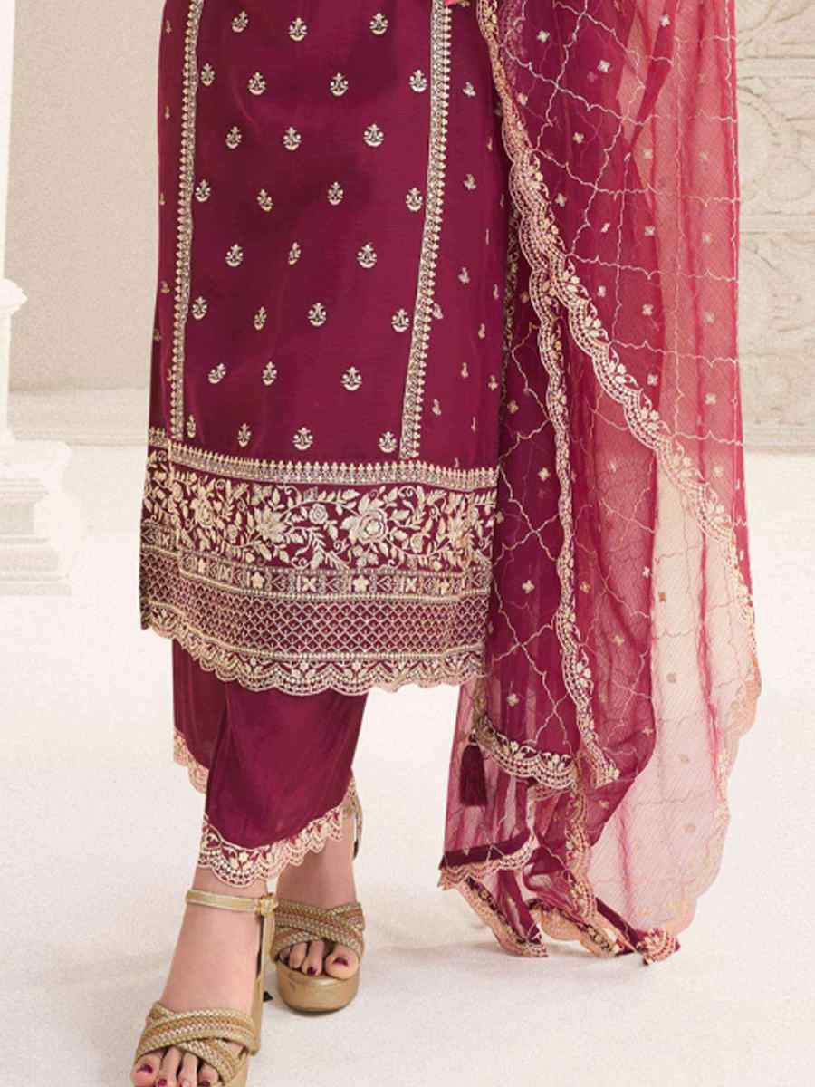 Maroon Silk Chiffon Embroidered Festival Wedding Pant Salwar Kameez