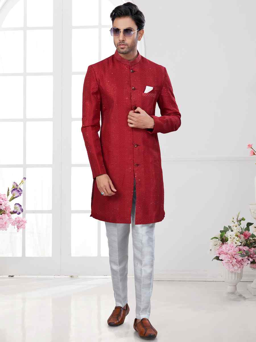 Maroon Silk Dupion Embroidered Festival Wedding Sherwani