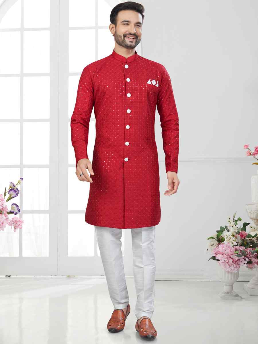 Maroon Silk Dupion Embroidered Festival Wedding Sherwani