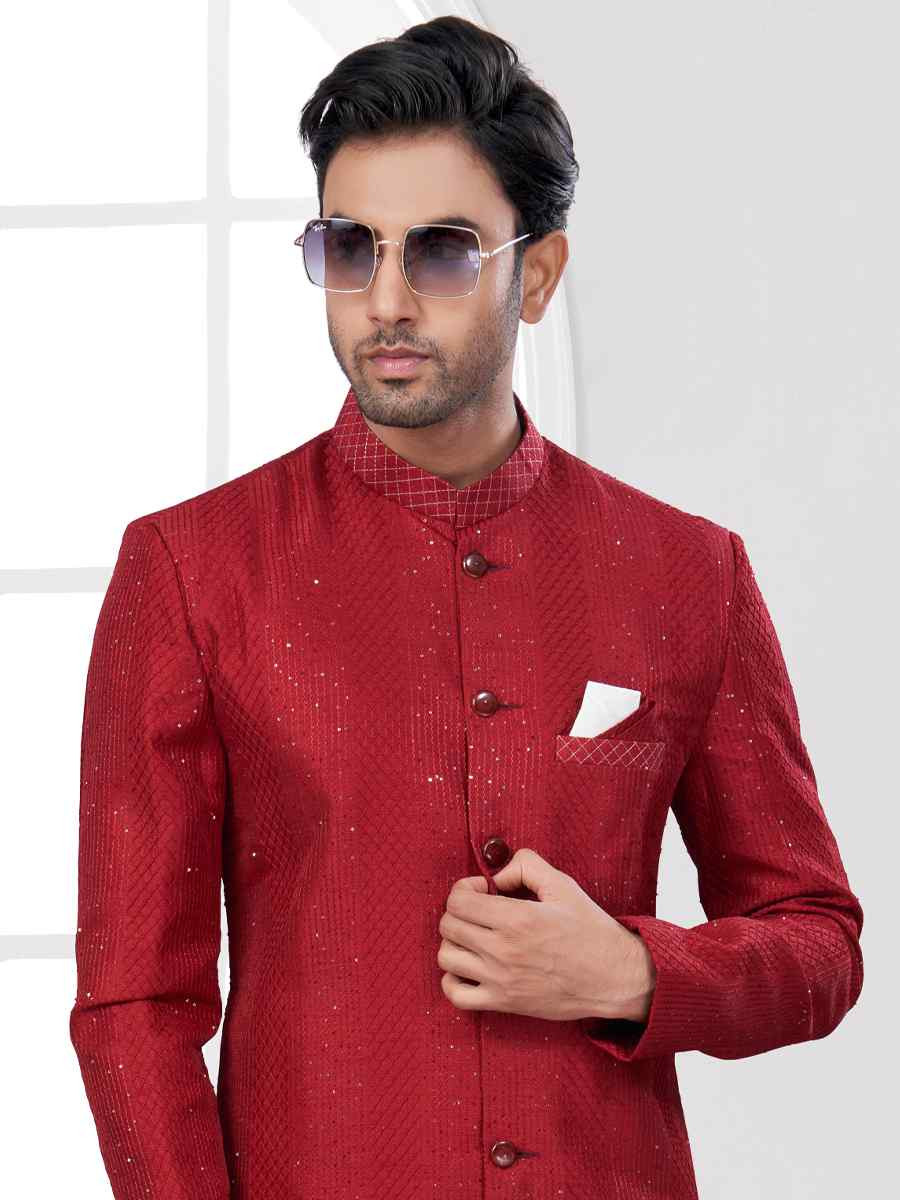 Maroon Silk Dupion Embroidered Festival Wedding Sherwani