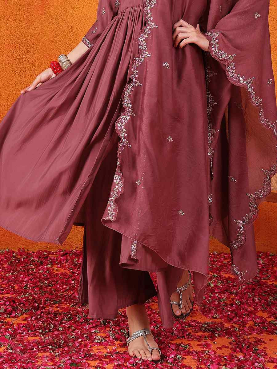 Maroon Silk Embroidered Festival Wedding Ready Palazzo Pant Salwar Kameez