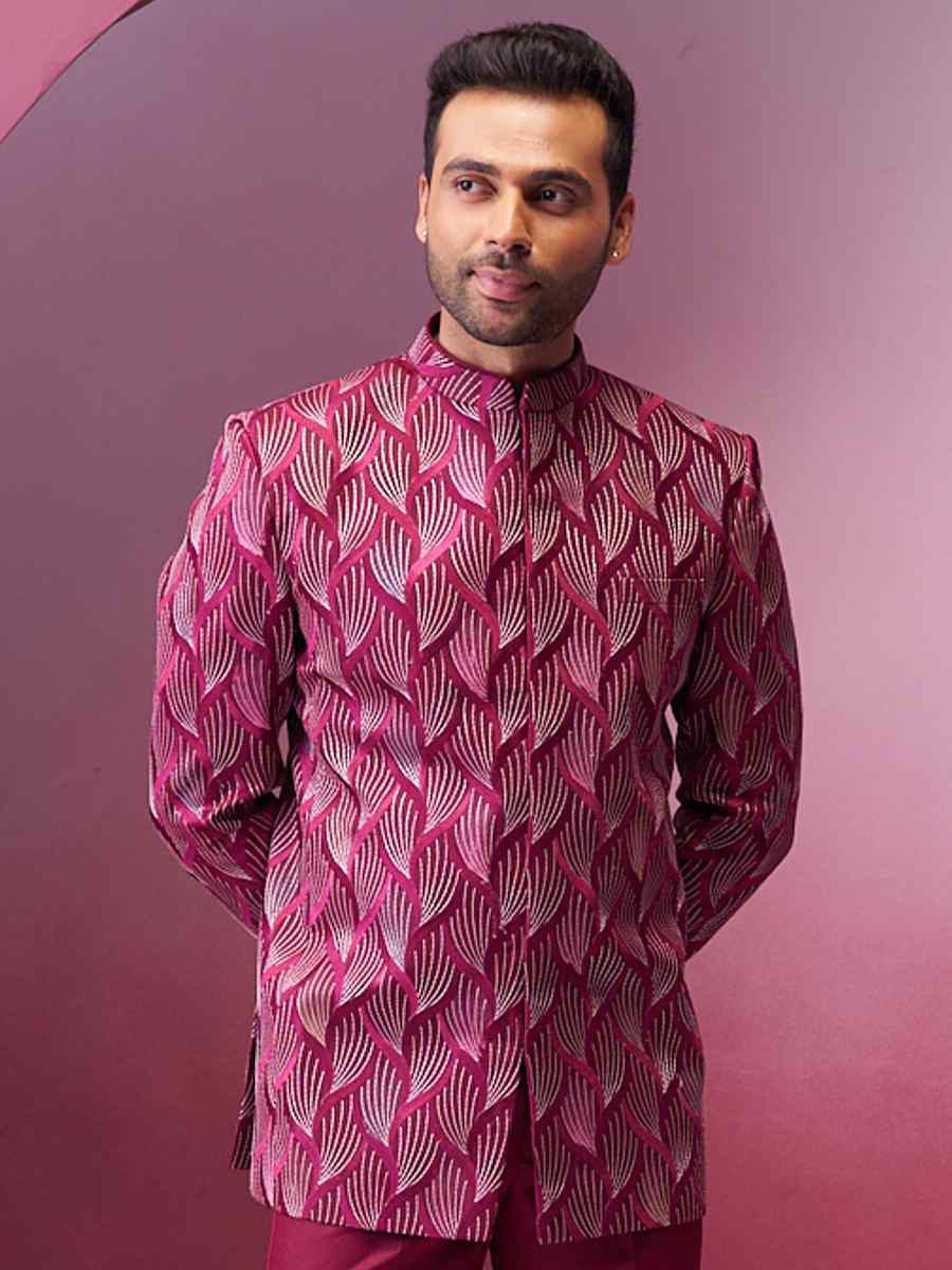 Maroon Silk Embroidered Party Wedding Kurta