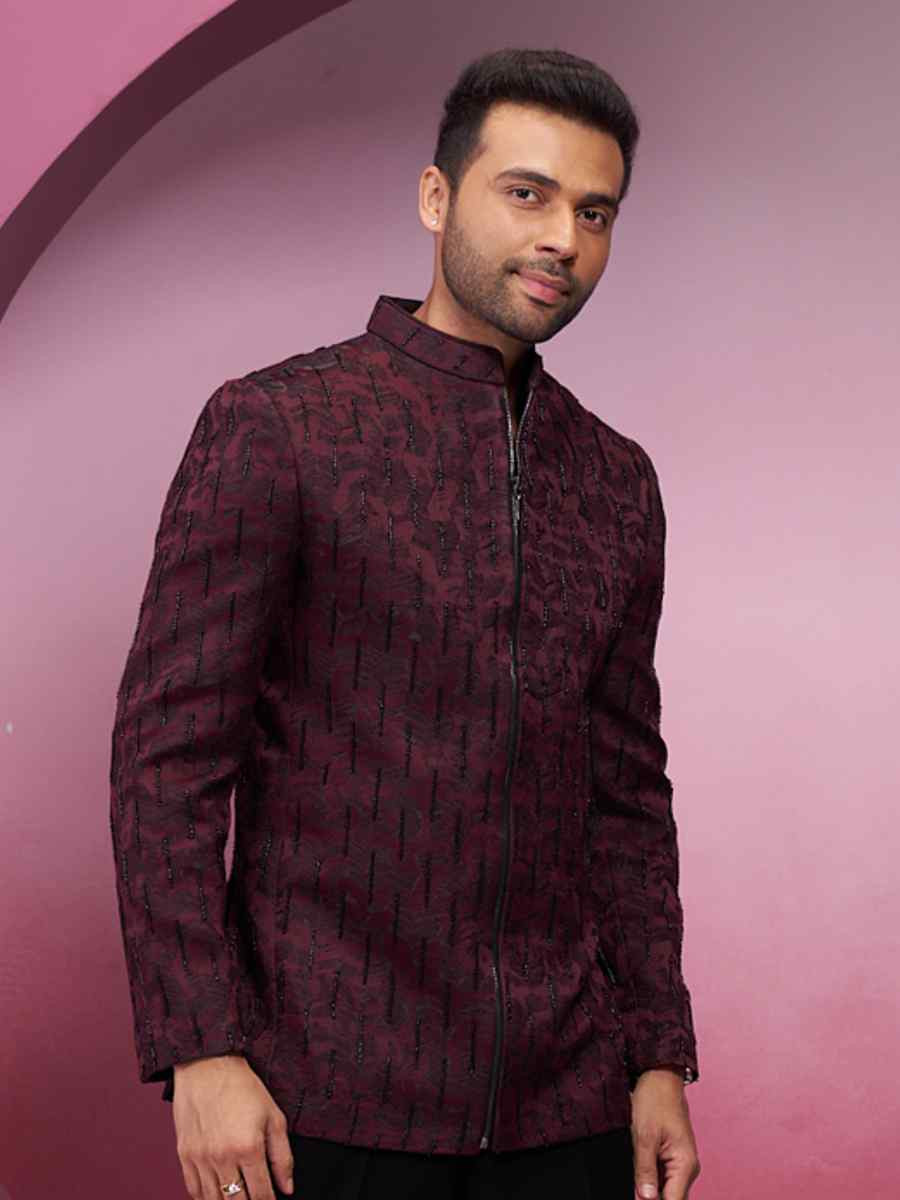 Maroon Silk Embroidered Party Wedding Kurta