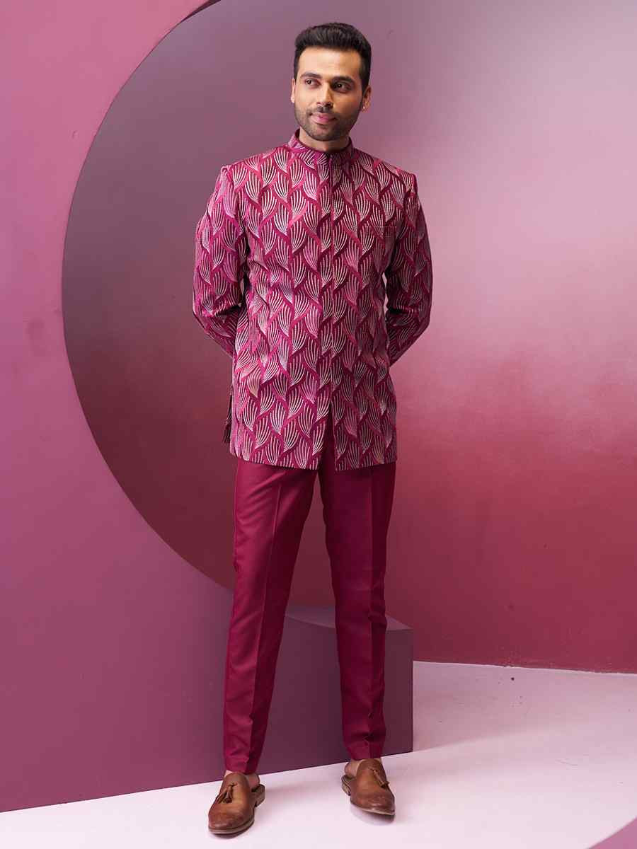 Maroon Silk Embroidered Party Wedding Kurta