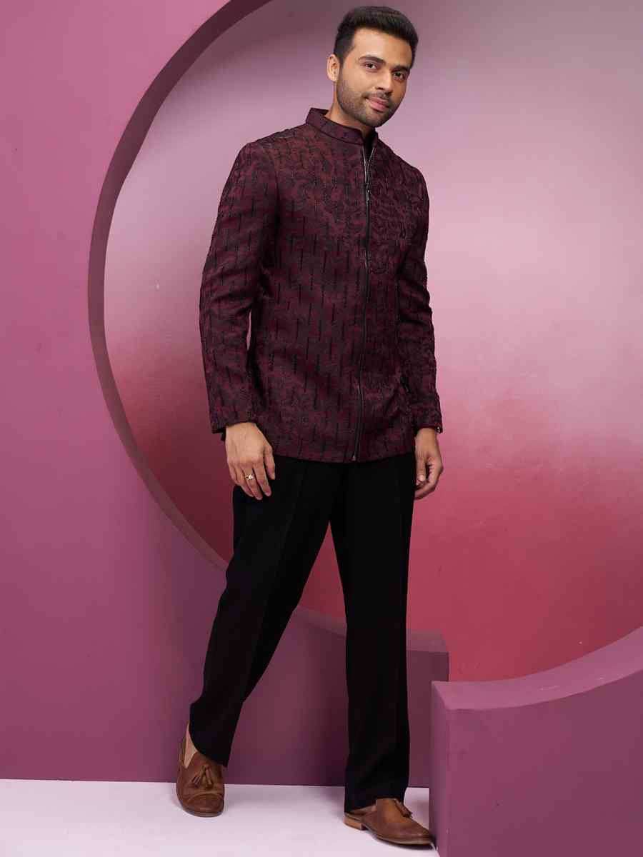 Maroon Silk Embroidered Party Wedding Kurta