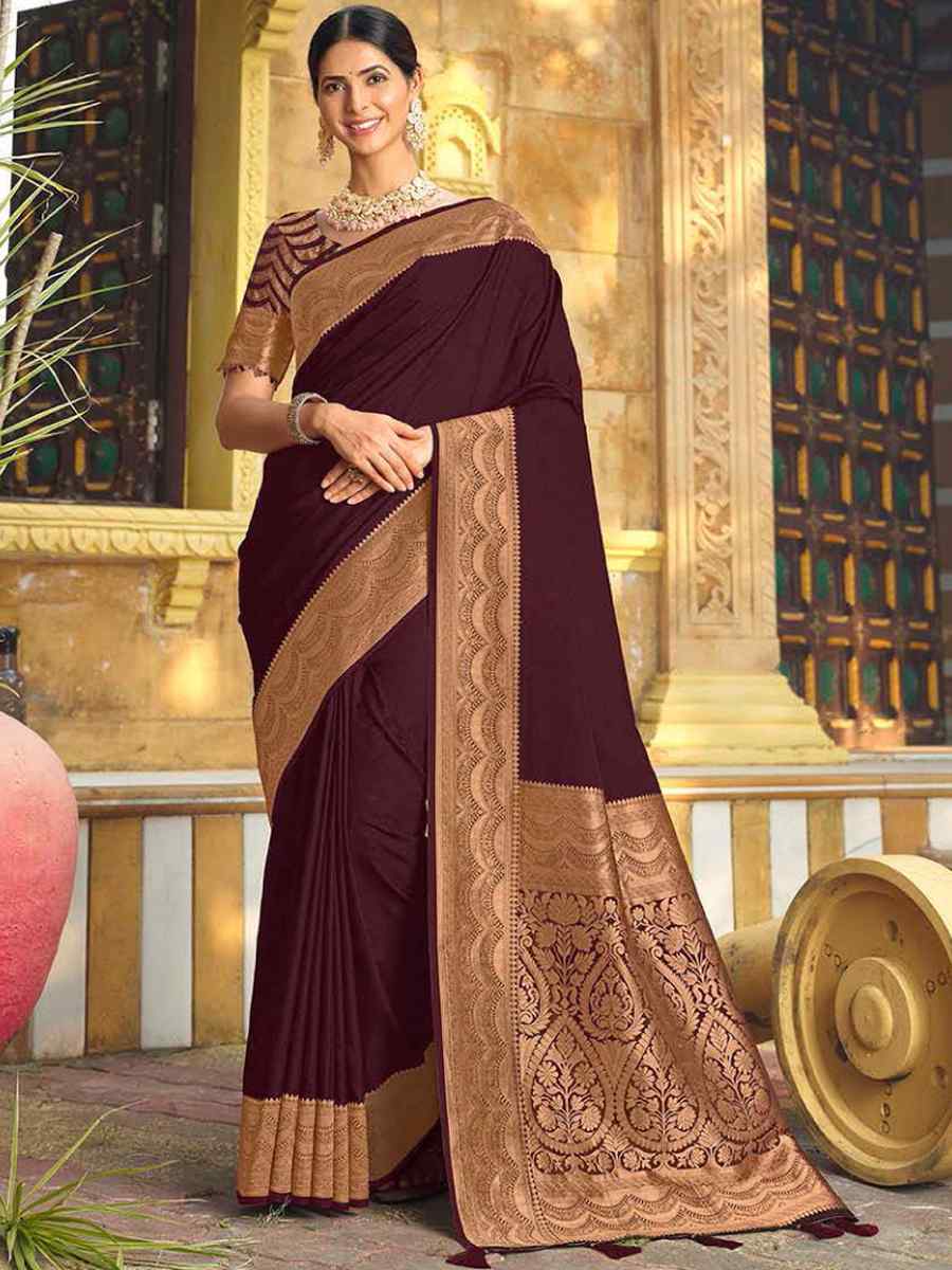 Maroon Silk Handwoven Festival Wedding Heavy Border Saree