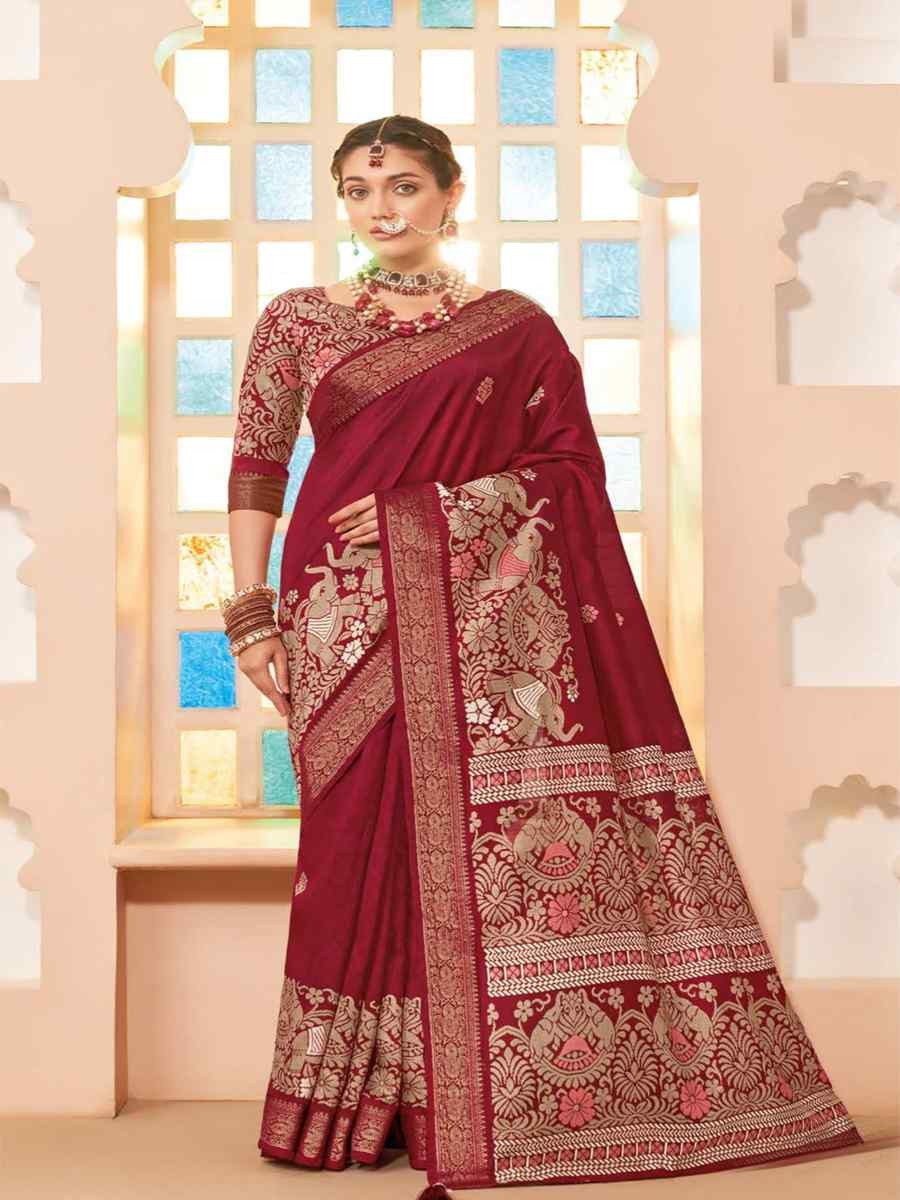 Maroon Silk Handwoven Festival Wedding Heavy Border Saree