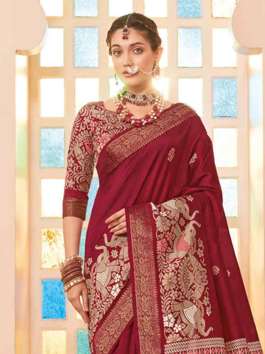 Maroon Silk Handwoven Festival Wedding Heavy Border Saree