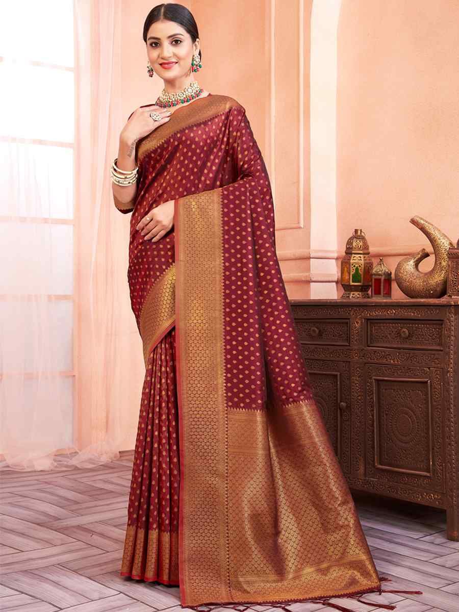 Maroon Silk Handwoven Wedding Festival Heavy Border Saree