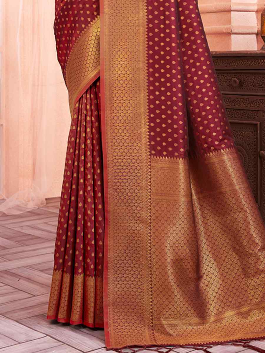 Maroon Silk Handwoven Wedding Festival Heavy Border Saree