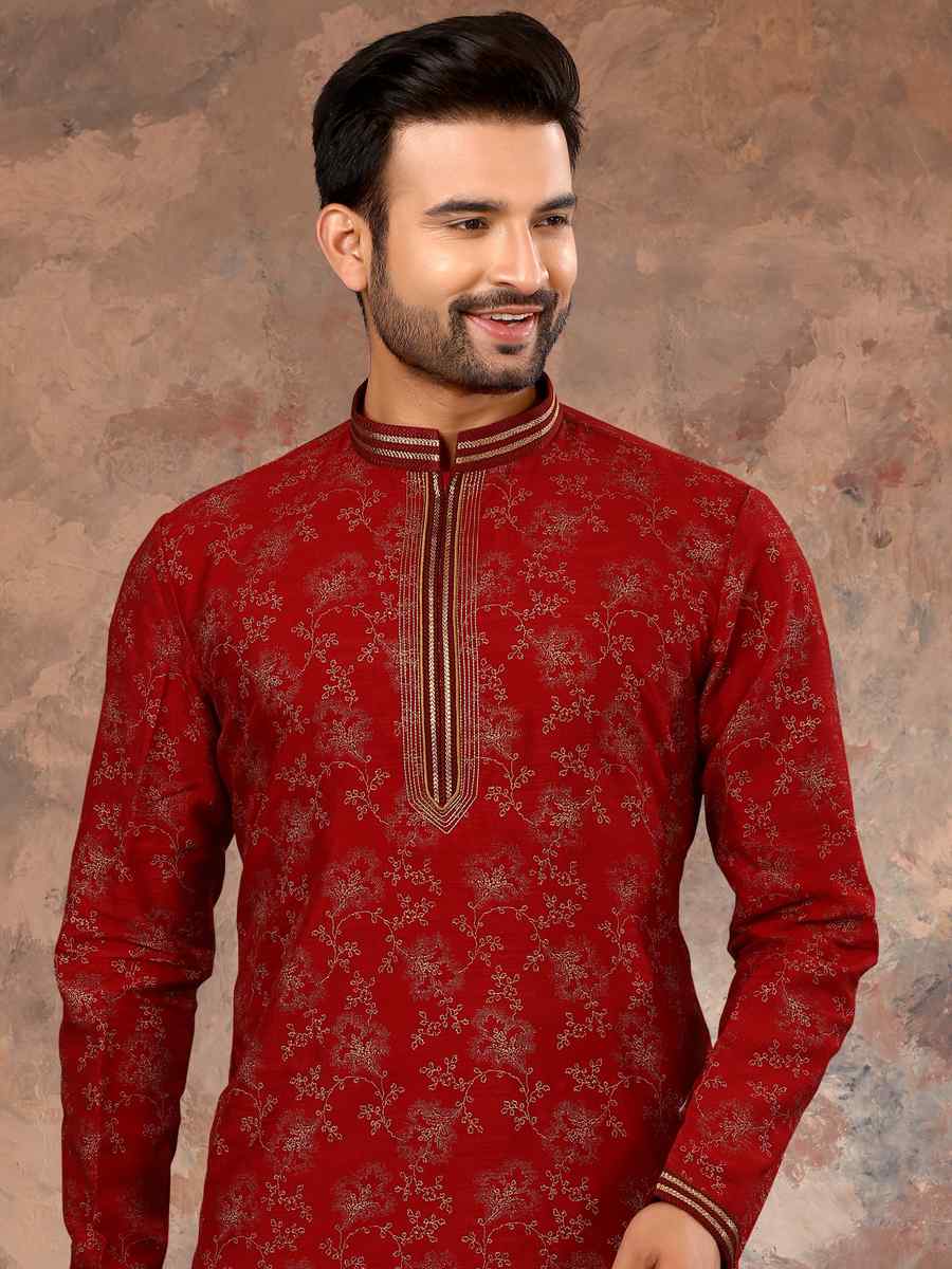 Maroon Silk Woven Festival Party Kurta