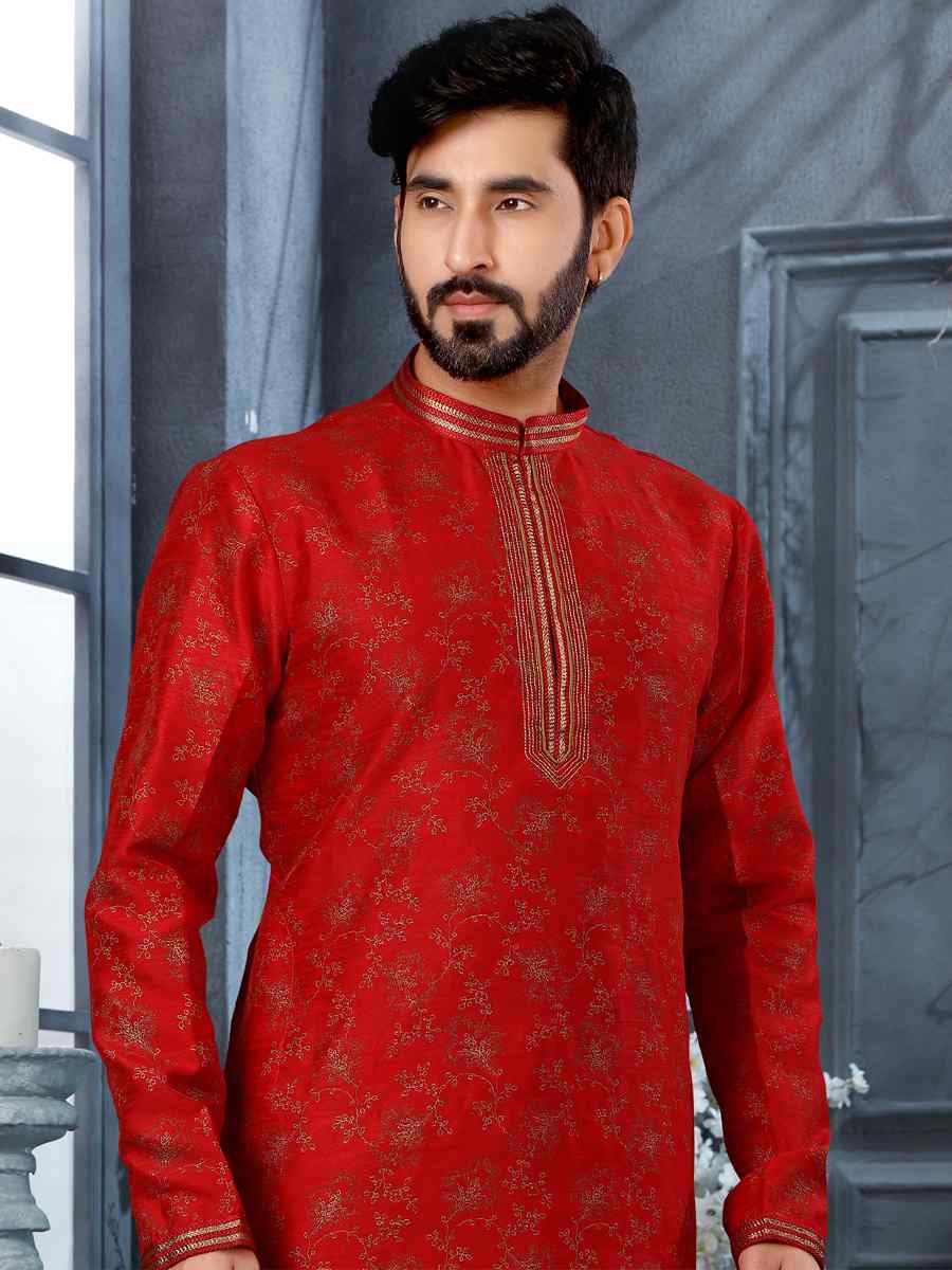 Maroon Silk Woven Festival Party Kurta