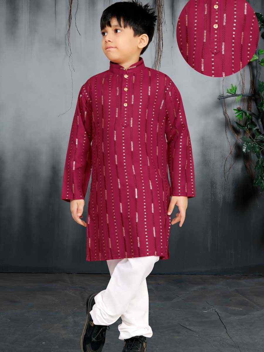 Maroon Soft Cotton Embroidered Wedding Casual Kurta Pyjama Boys Wear