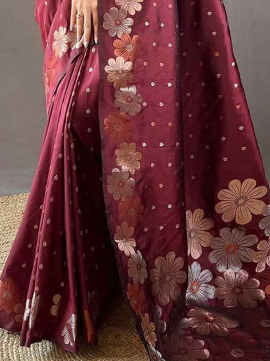 Maroon Soft Lichi Silk Handwoven Wedding Festival Heavy Border Saree
