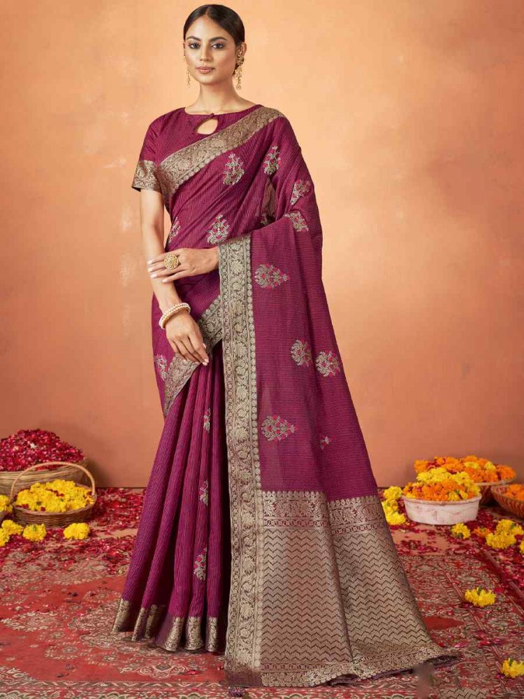Maroon Tusser Silk Embroidered Festival Party Heavy Border Saree