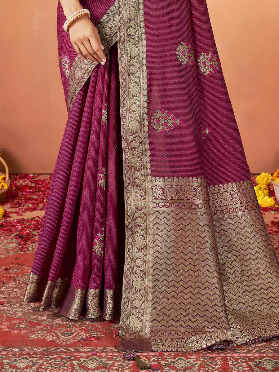 Maroon Tusser Silk Embroidered Festival Party Heavy Border Saree