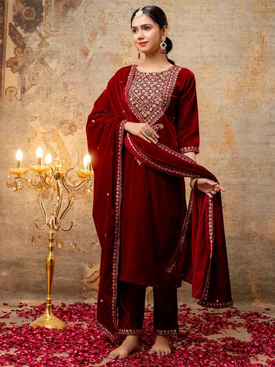 Maroon Velvet Embroidered Casual Festival Ready Pant Salwar Kameez