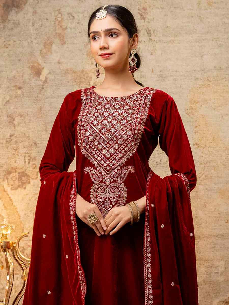 Maroon Velvet Embroidered Casual Festival Ready Pant Salwar Kameez